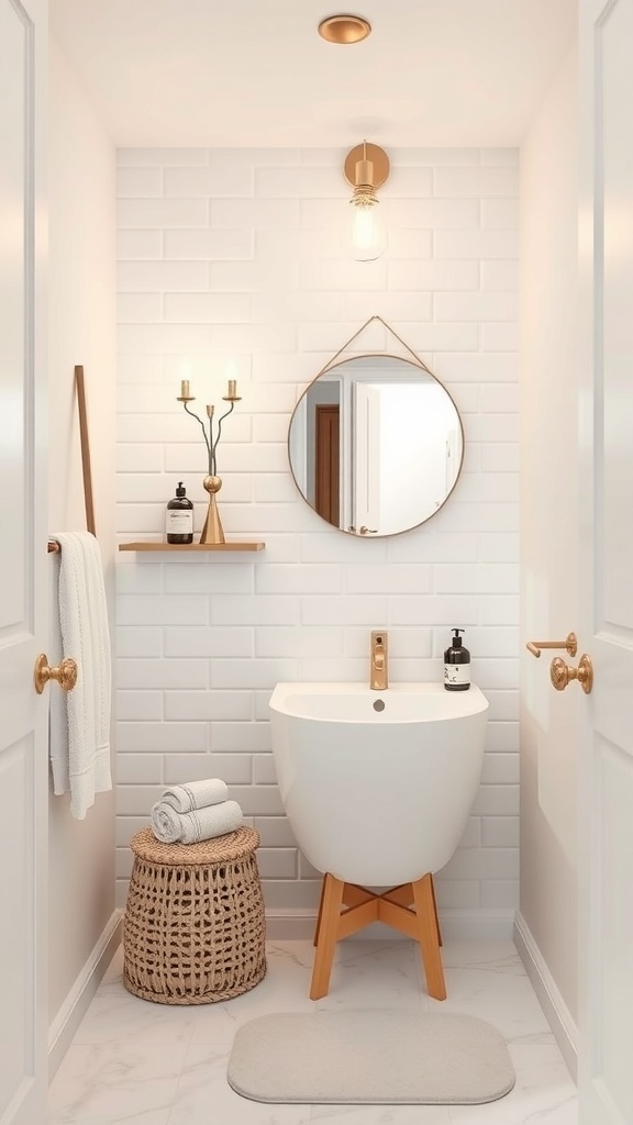 A minimalist small bathroom featuring a round mirror, pendant light, and white tiled walls.