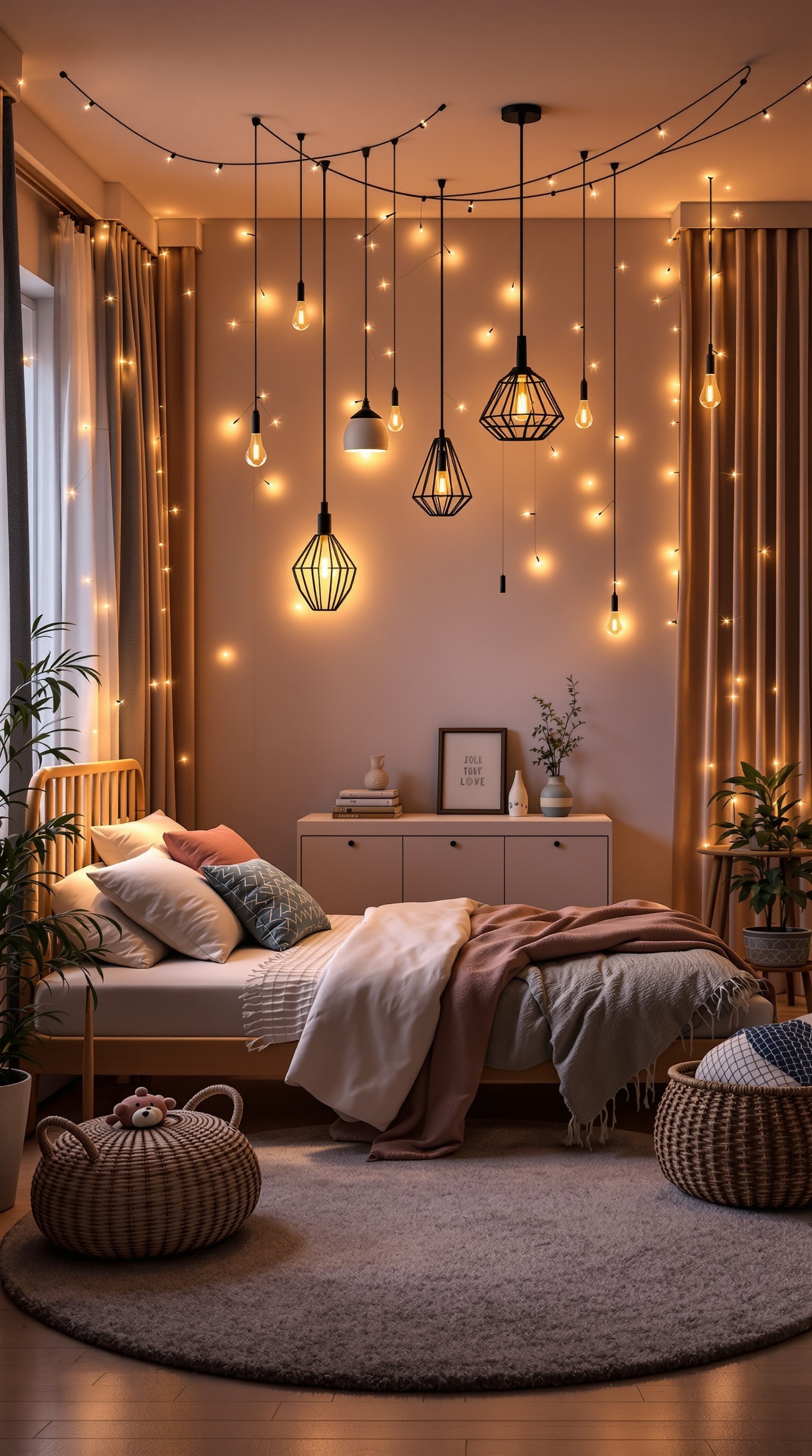 A modern kids bedroom featuring innovative lighting solutions with pendant lights and fairy lights.