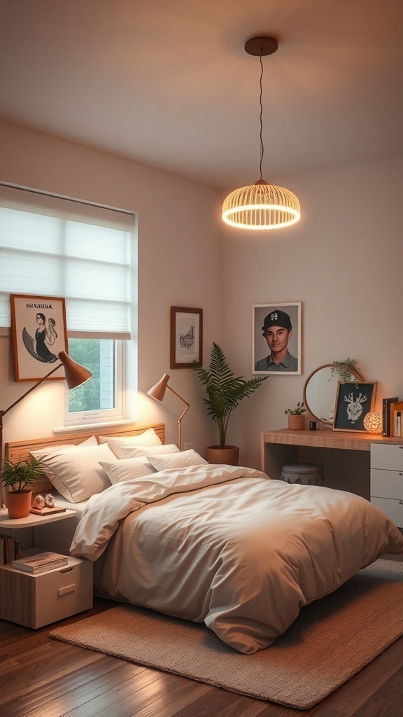 A minimalist teen bedroom featuring a pendant light, bedside lamp, and plants, creating a cozy atmosphere.