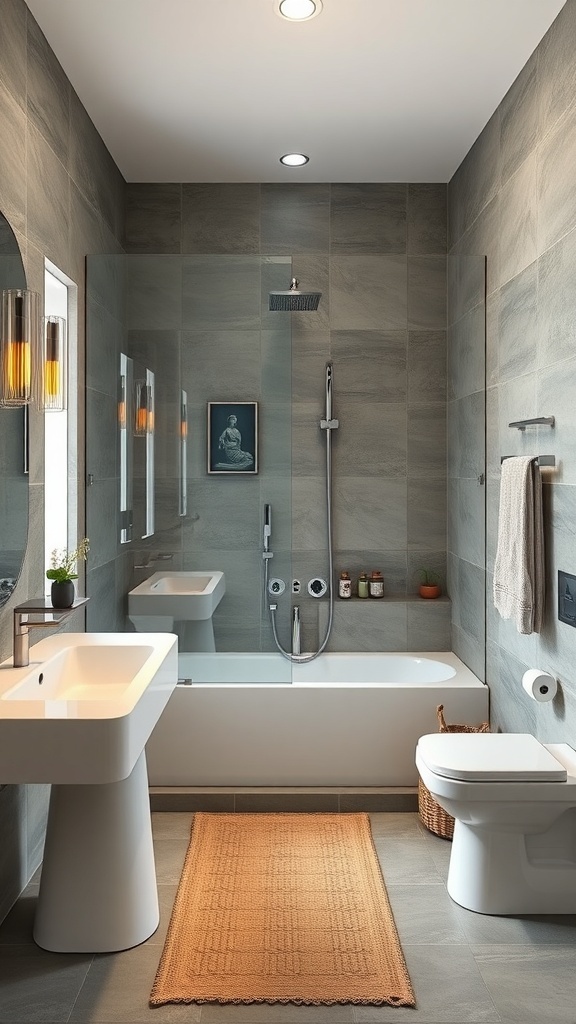 A modern Japandi bathroom featuring a sleek shower design with a glass enclosure, neutral tiles, and a rainfall showerhead.