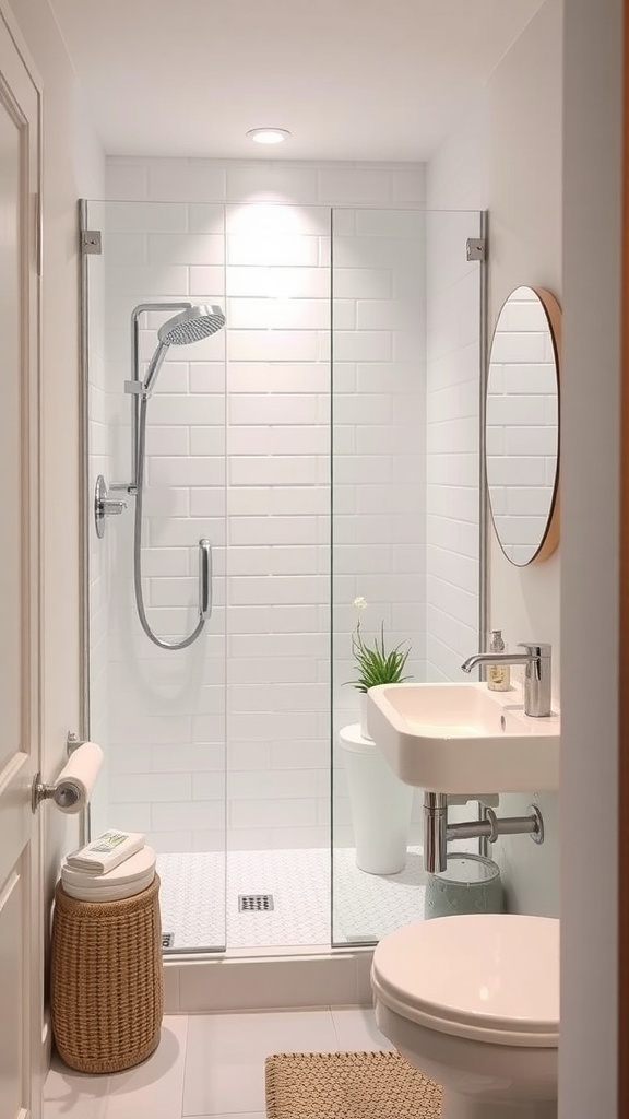 A modern small shower in a powder room with glass enclosure and minimalist design.