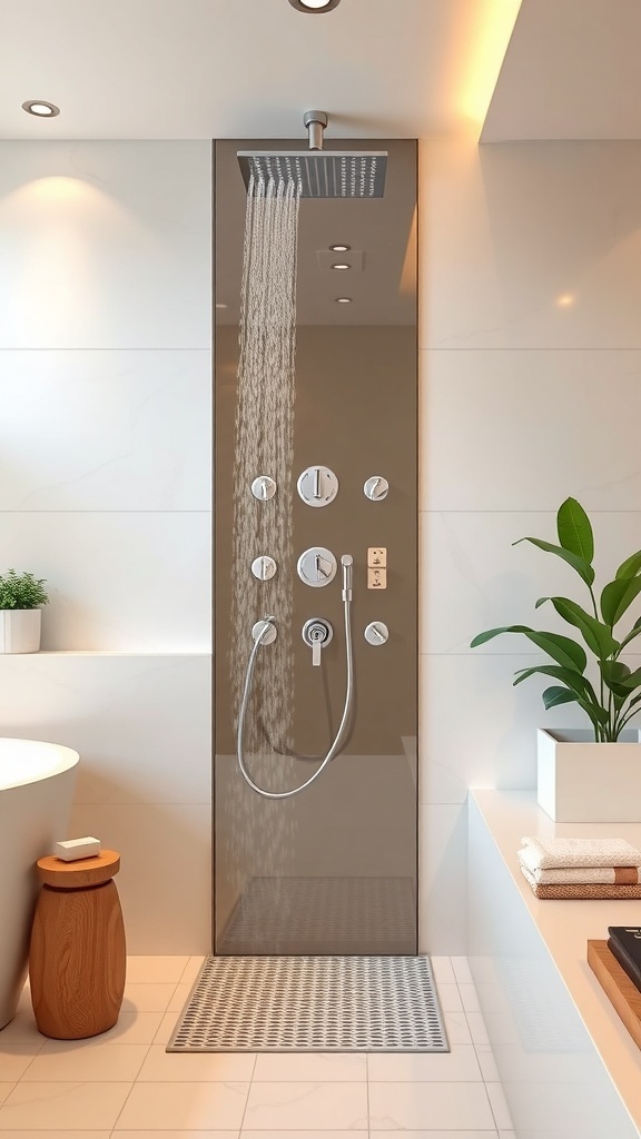 Modern shower with overhead shower head and multiple controls in a stylish bathroom