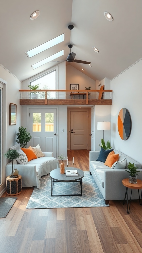 Interior of a tiny house with high ceilings, large windows, and a cozy living area featuring a loft.