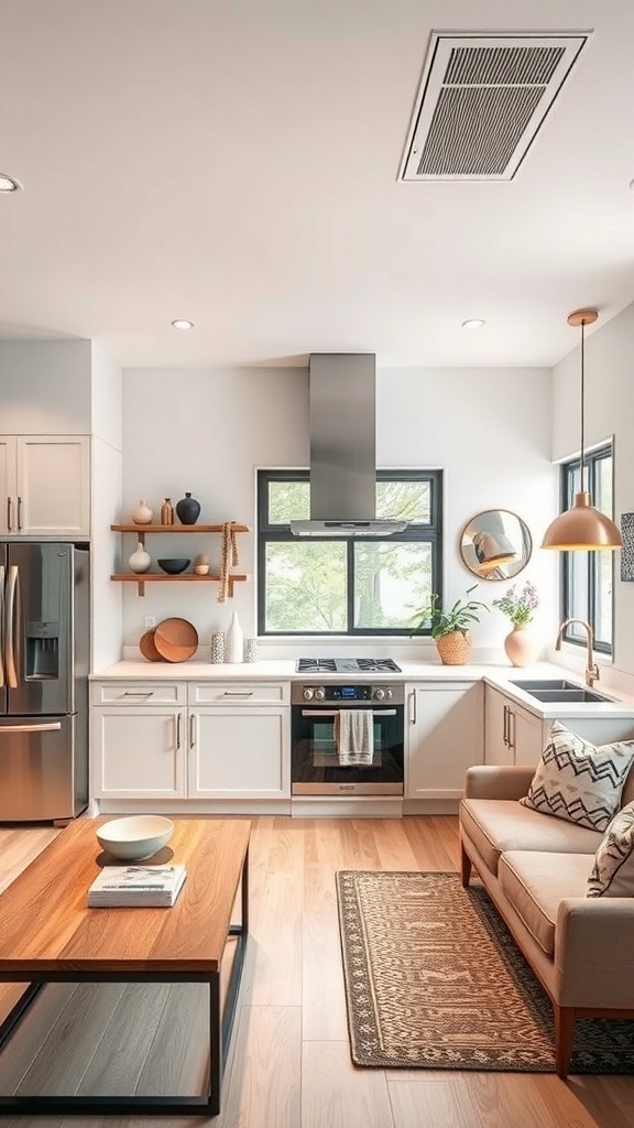 A modern kitchen featuring a stylish range hood, large windows, and an open layout.