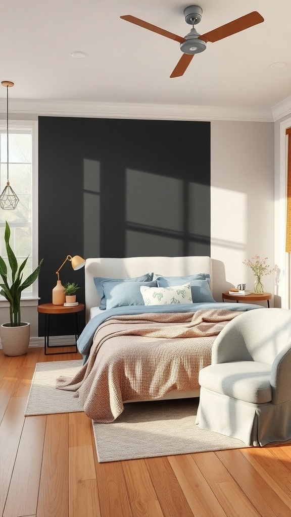 A modern teen boy bedroom featuring a black accent wall, light bedding, and natural light.