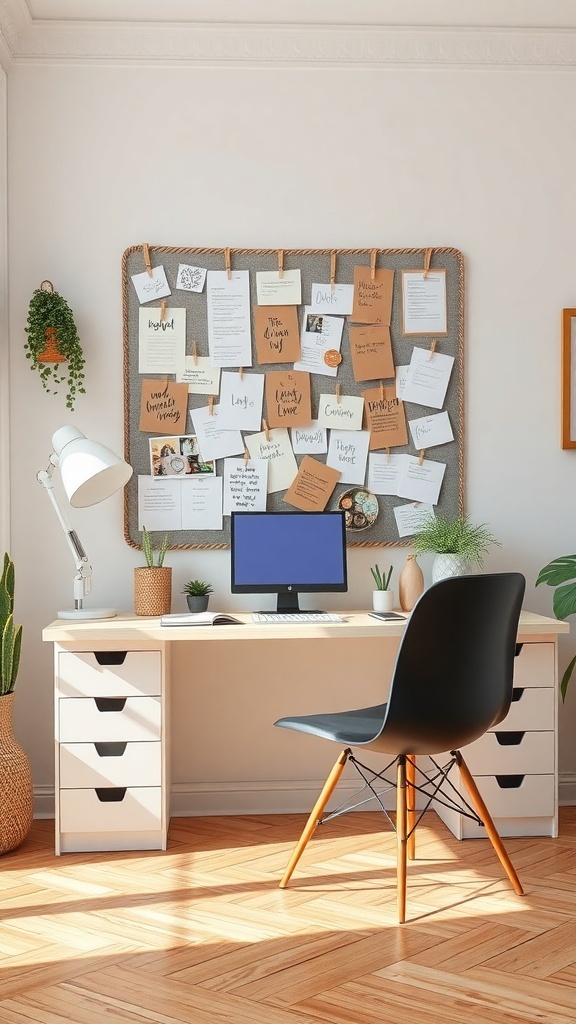 A small desk setup featuring an inspiration board with notes and a computer.
