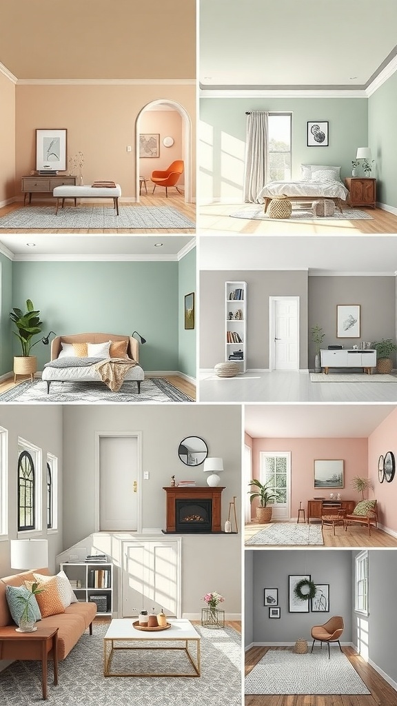A collage of different rooms featuring walls and ceilings painted the same color, showcasing diverse styles and color palettes.