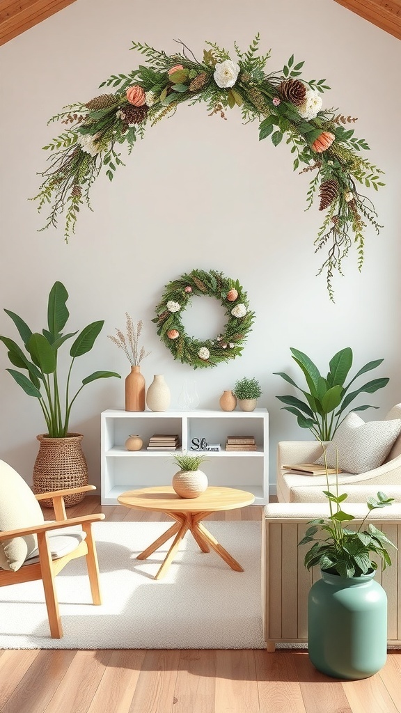 A cozy living room featuring a curly deco mesh wreath and natural decor elements.