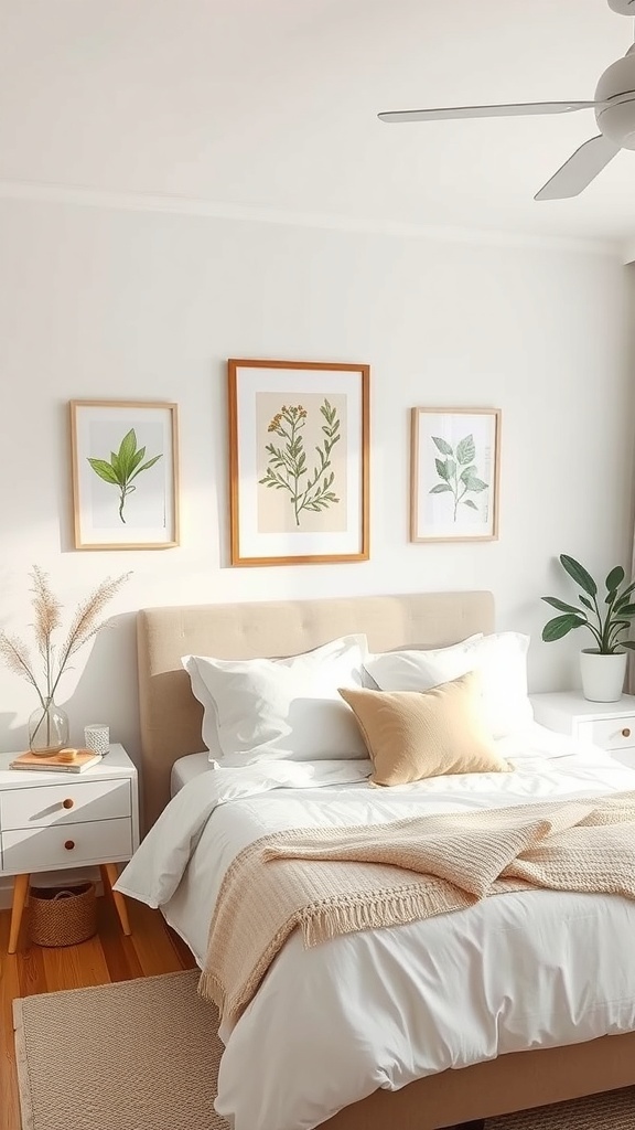 A serene white bedroom with botanical prints on the wall and soft beige bedding.