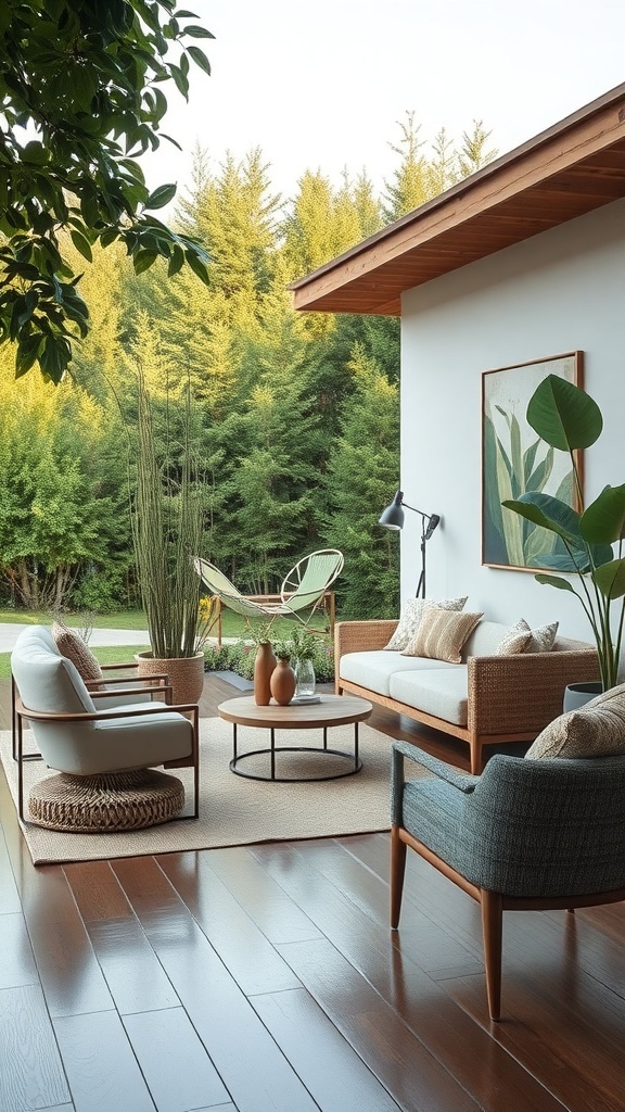 A cozy outdoor seating area with wooden furniture and greenery in the background.
