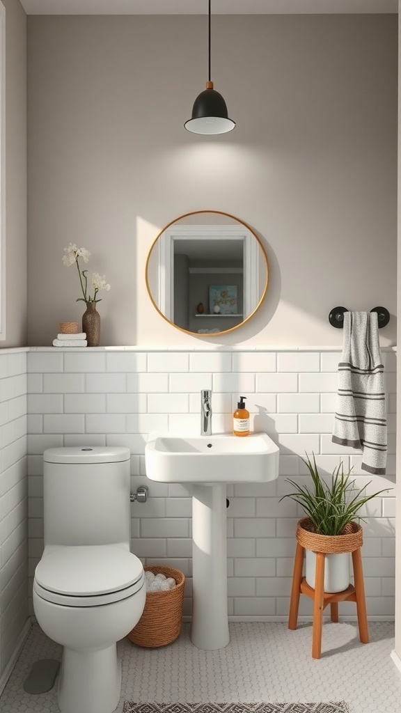A minimalist small bathroom featuring a compact sink, toilet, and natural decor elements.