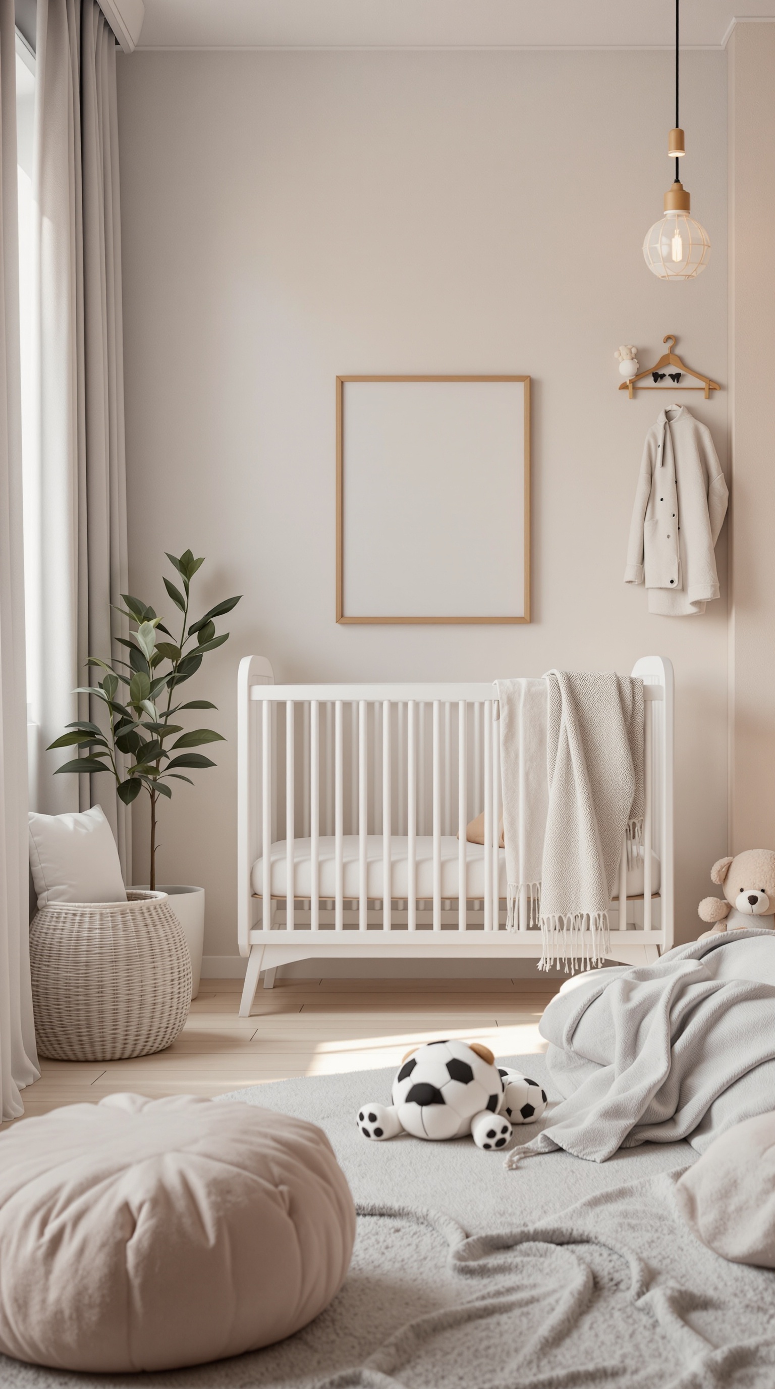 A serene Scandinavian-inspired baby room featuring a white crib, soft blankets, and a potted plant.