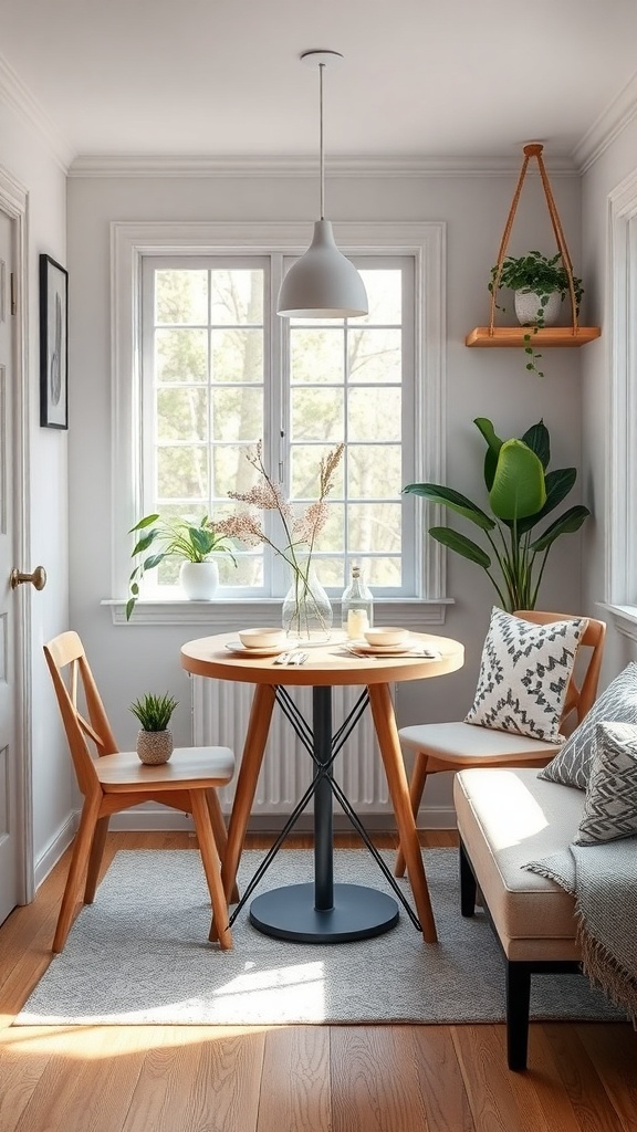 Cozy small dining area with a round wooden table, two chairs, and plants near large windows.