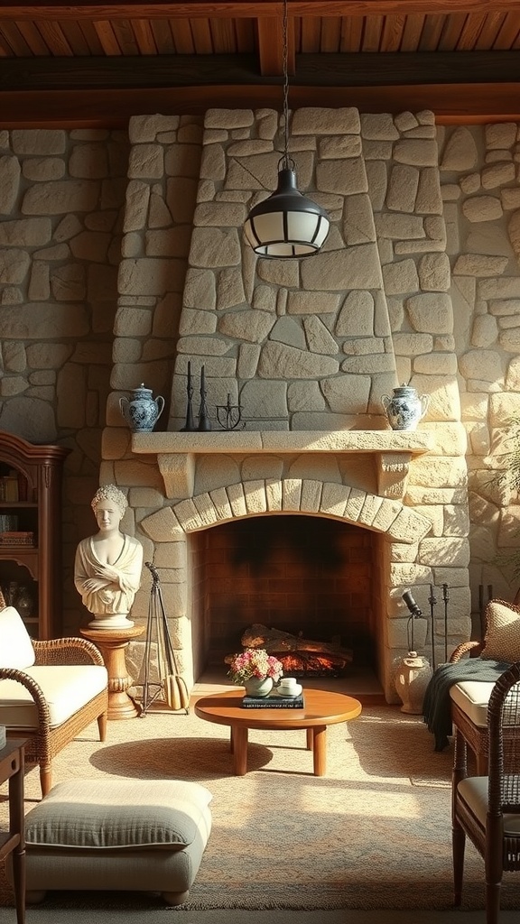 A rustic stone fireplace with a cozy seating area, decorative items, and natural light.