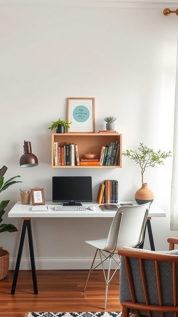 A cozy desk setup featuring an inspirational bookshelf with neatly arranged books and plants.