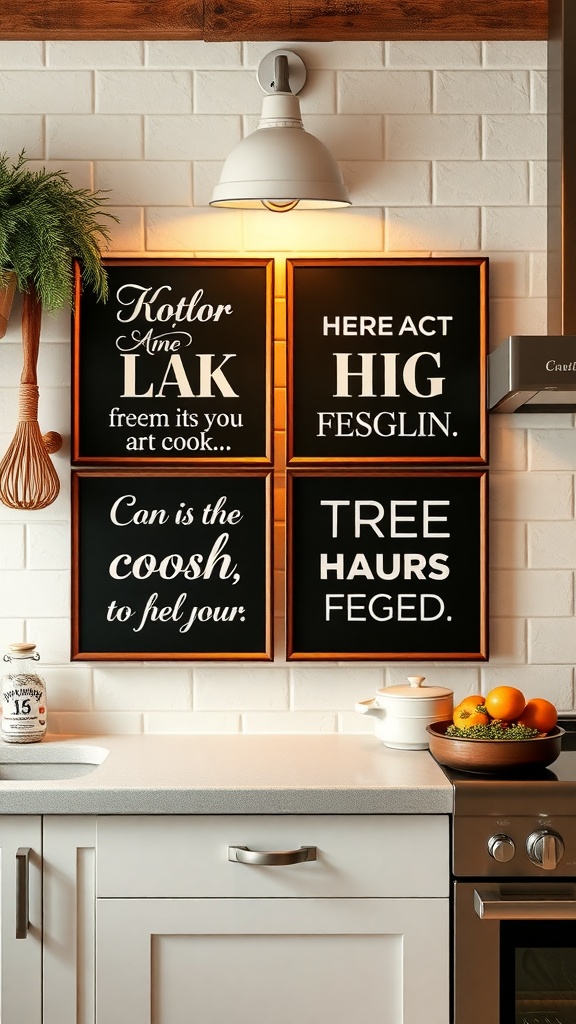 A kitchen wall featuring framed inspirational cooking quotes.