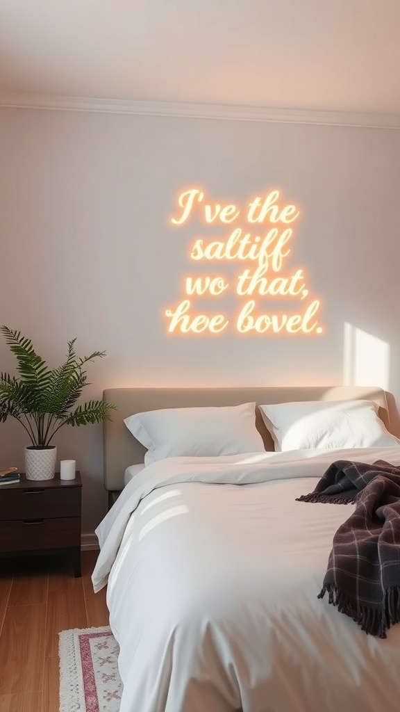 A cozy bedroom featuring an LED wall art with an inspirational quote glowing softly on the wall.