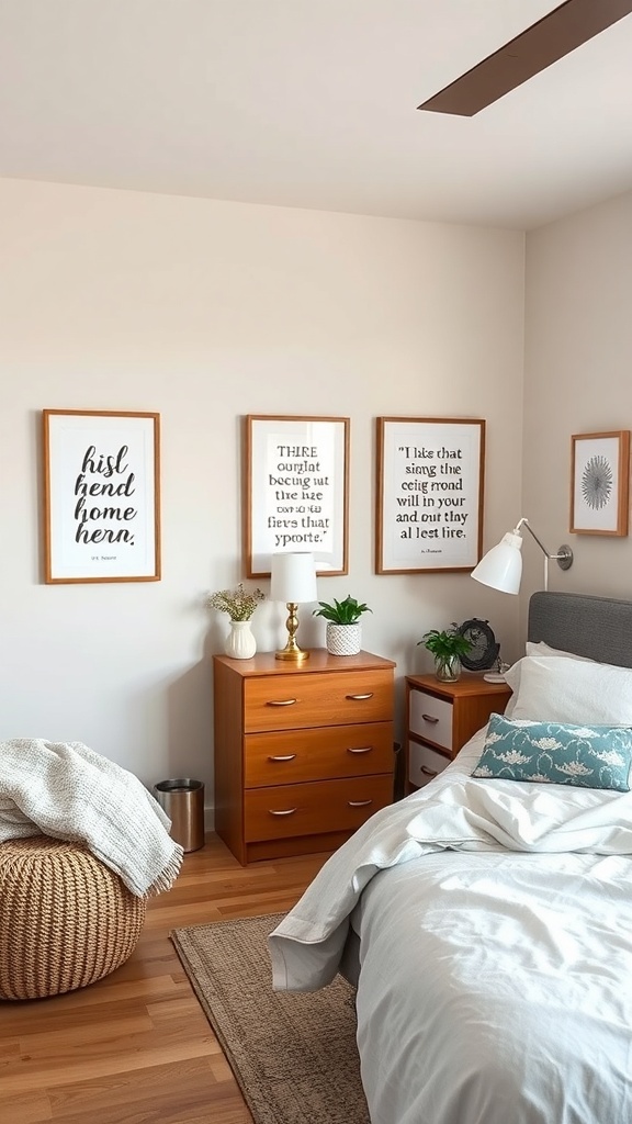 A cozy teen bedroom featuring inspirational quotes and affirmations on the wall.
