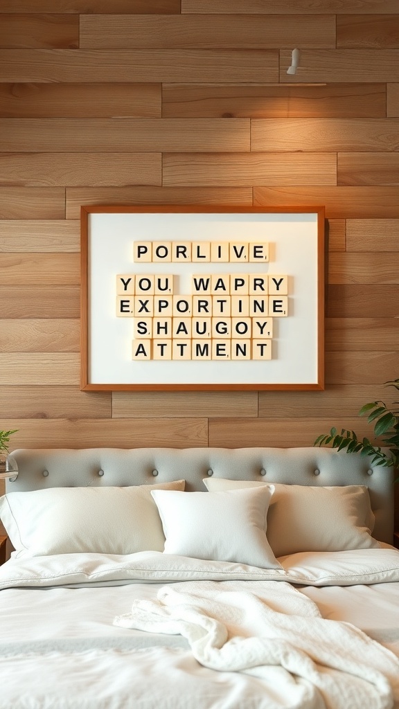 Framed Scrabble-style wall art with letters arranged on a wooden background.