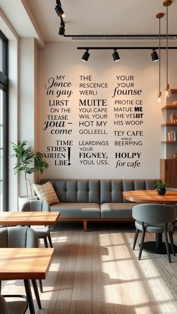 A cozy cafe interior featuring inspirational quotes on the walls, with comfortable seating and warm lighting.