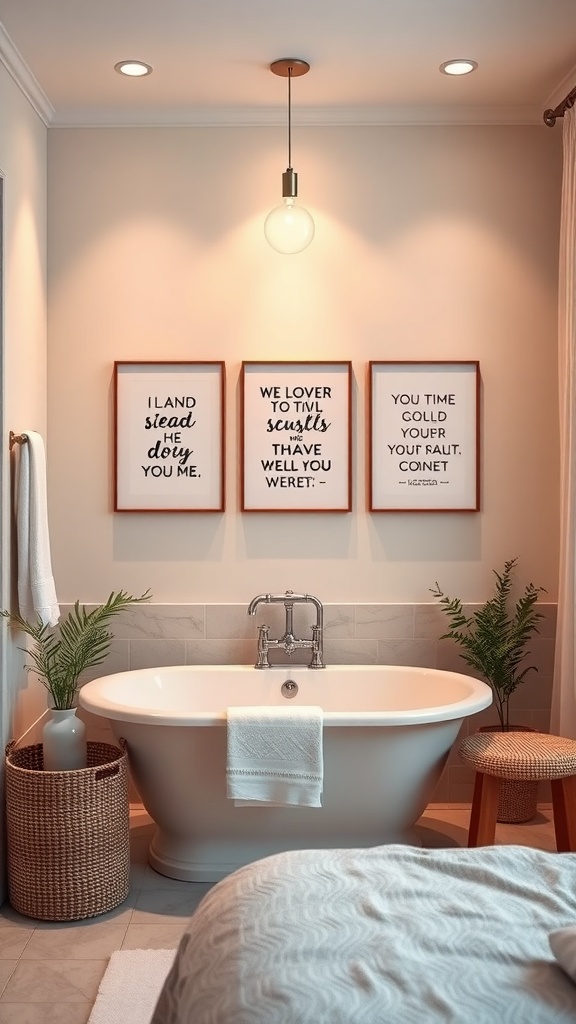 A bathroom featuring three framed inspirational quotes above a white bathtub, with plants and a cozy atmosphere.