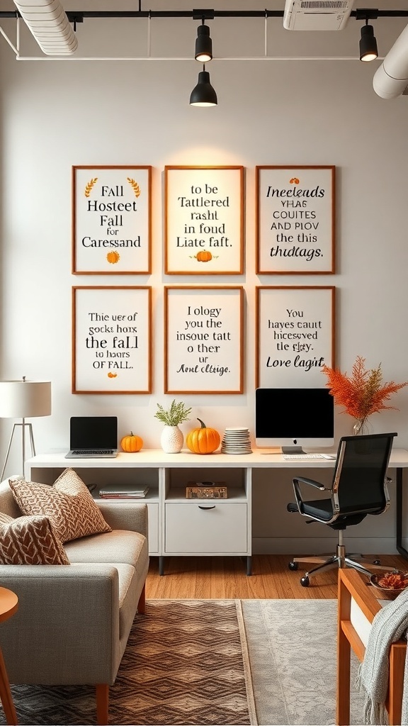 A cozy office space featuring framed inspirational quotes with a fall theme, decorated with pumpkins and autumn colors.