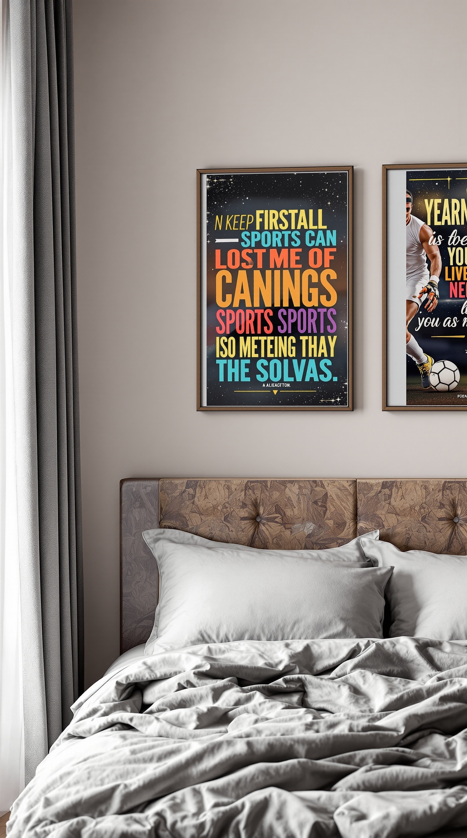 Two colorful sports quote posters on the wall above a bed in a kids' bedroom.