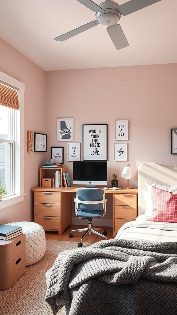A stylish and organized preppy teen bedroom with a study space featuring a desk, computer, and motivational wall art.