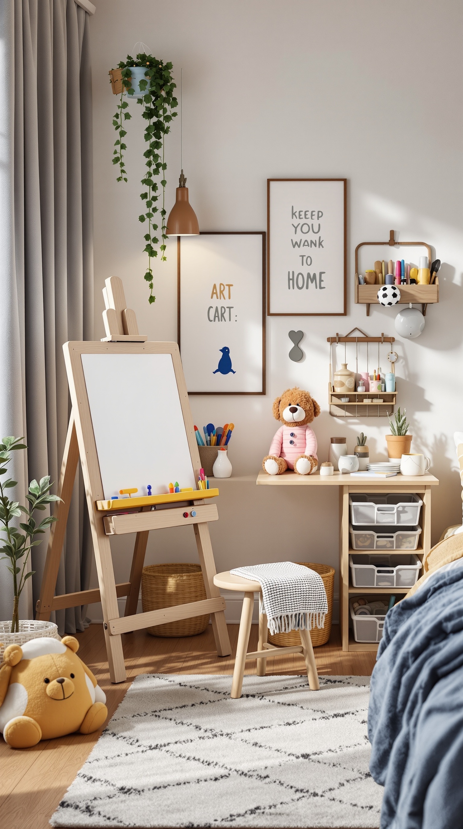 A cozy kids bedroom art corner with an easel, colorful supplies, and playful decor.