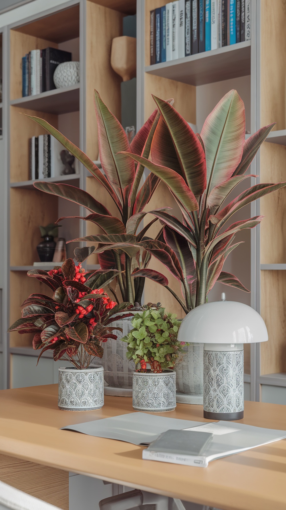 A stylish study desk with various plants, a lamp, and books in the background.