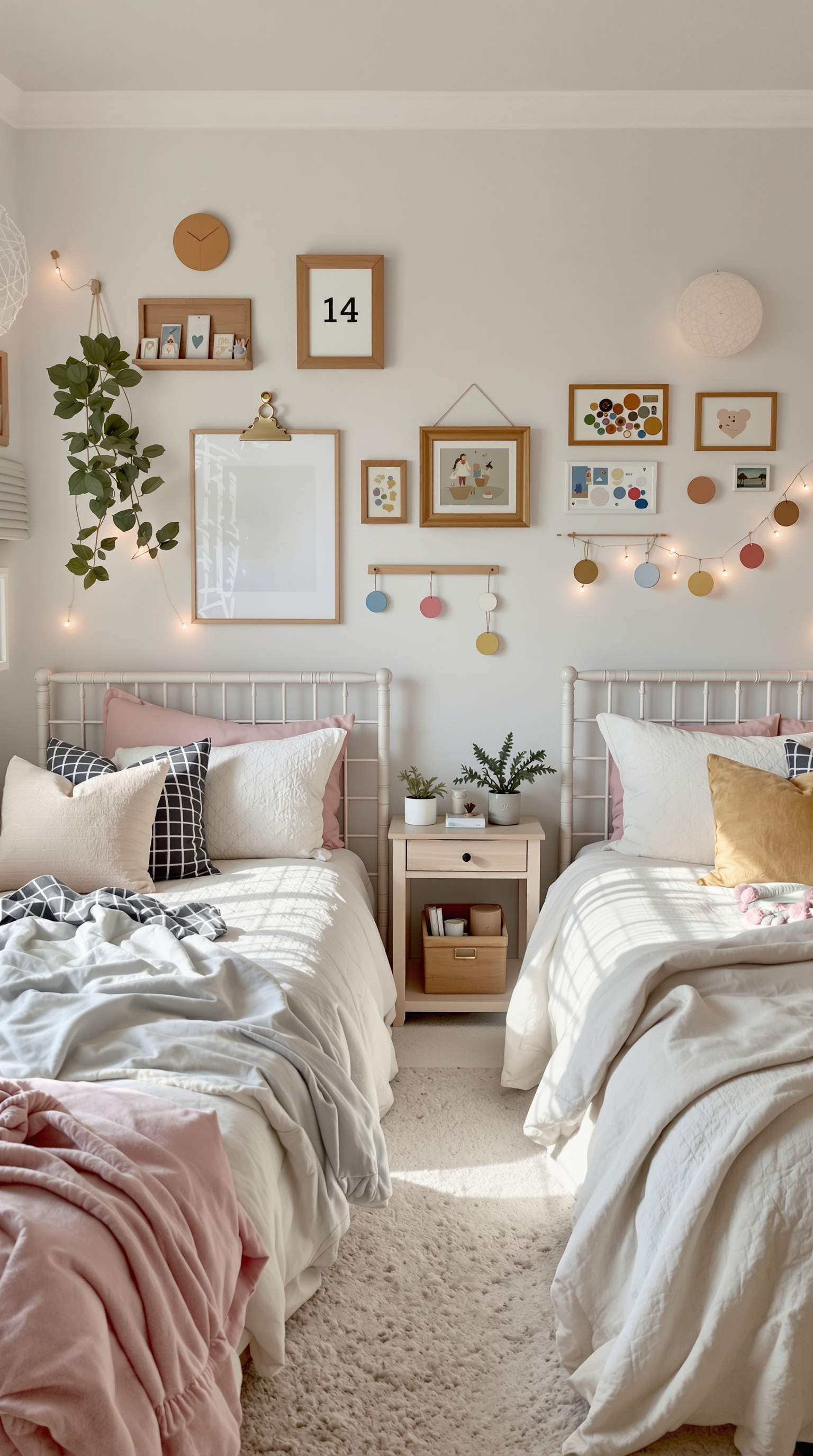 A shared bedroom for a boy and girl with two beds, decorative pillows, and wall art.