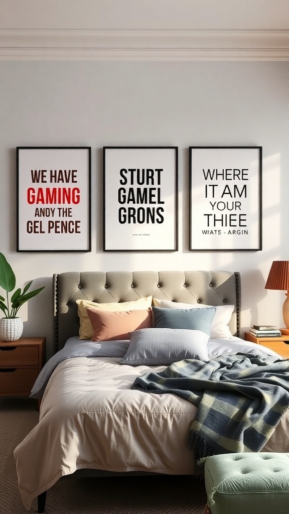 A cozy teen gaming bedroom with three framed quotes on the wall, featuring playful and quirky phrases.