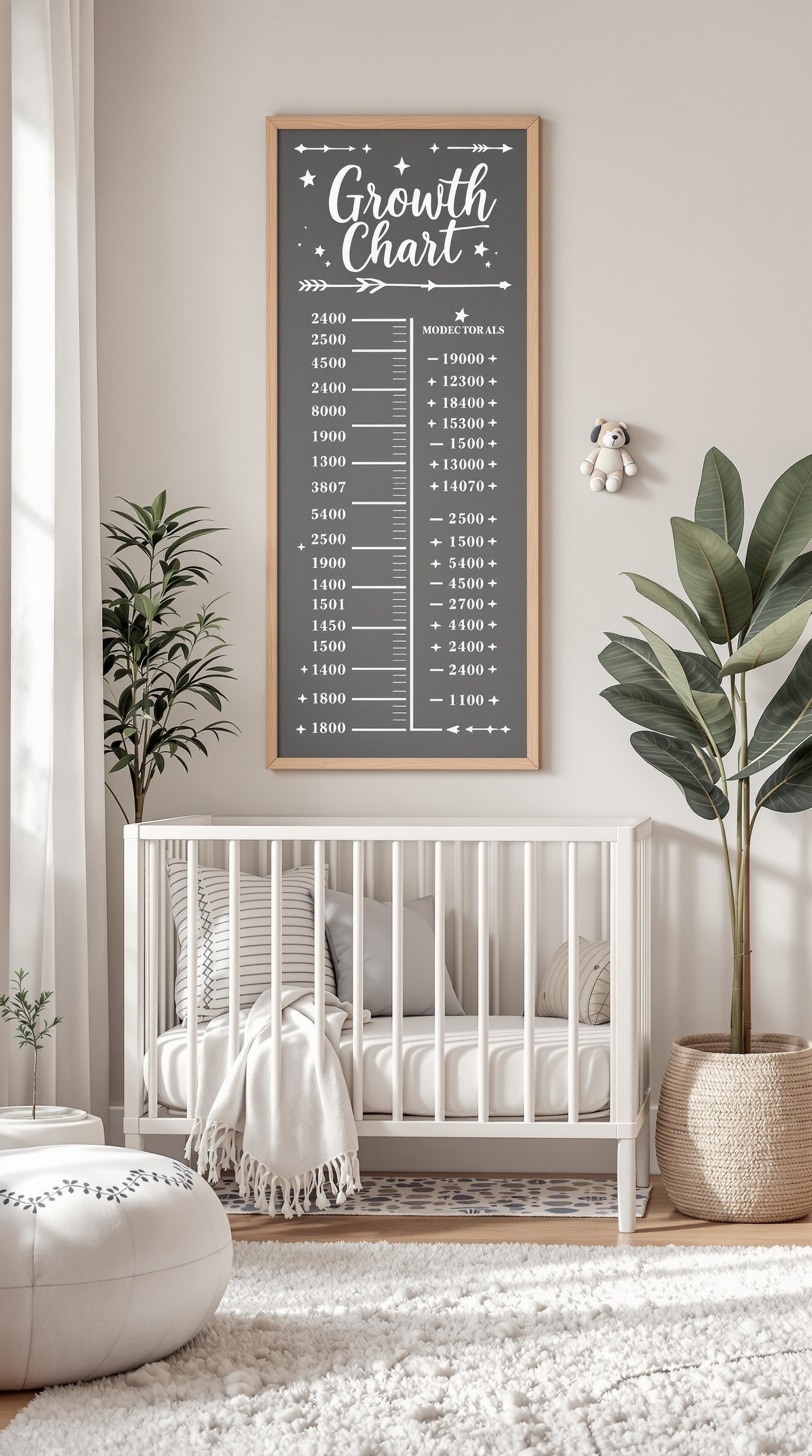 A stylish growth chart displayed in a unisex baby room, framed in light wood with playful design elements.
