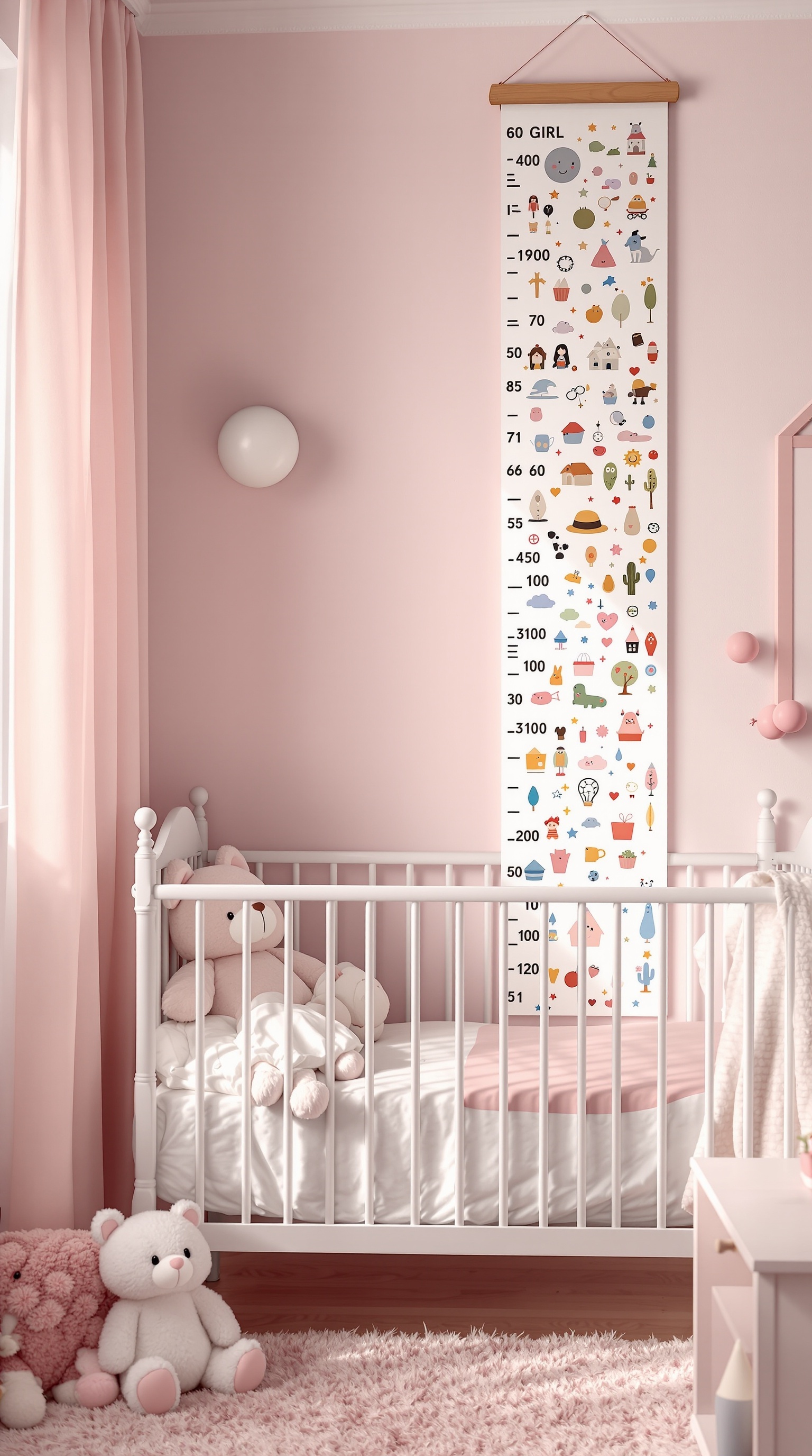 A baby girl's bedroom featuring a colorful growth chart on the wall next to a crib, with soft pink decor.