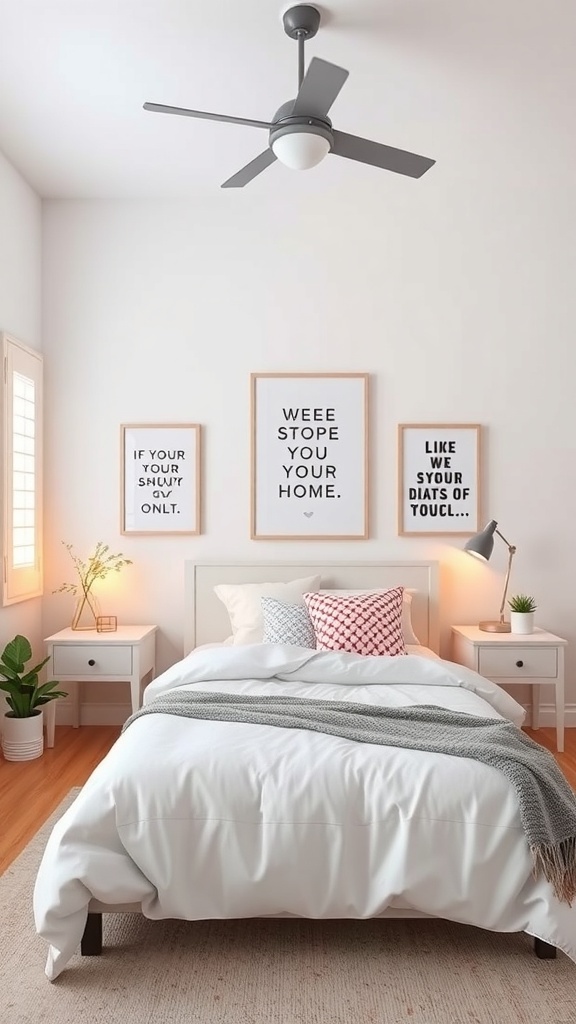A stylish preppy teen bedroom with motivational quotes on the wall, white bedding, and a cozy atmosphere.