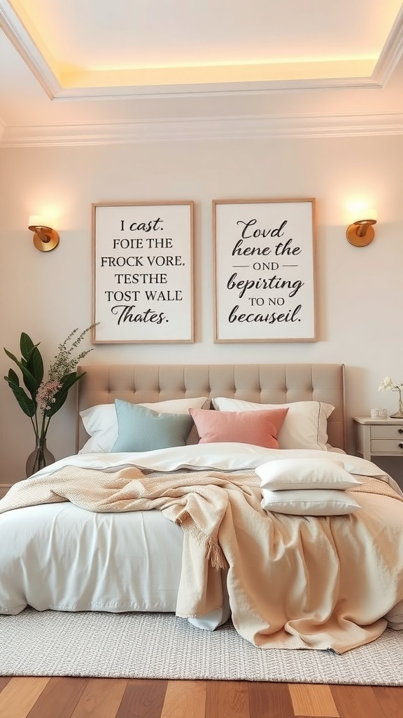 A romantic purple bedroom featuring framed quotes on the wall, soft bedding, and warm lighting.