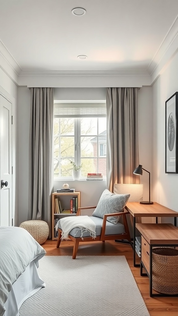 A minimalist teen bedroom featuring a cozy reading corner with a chair, desk, and bookshelf.