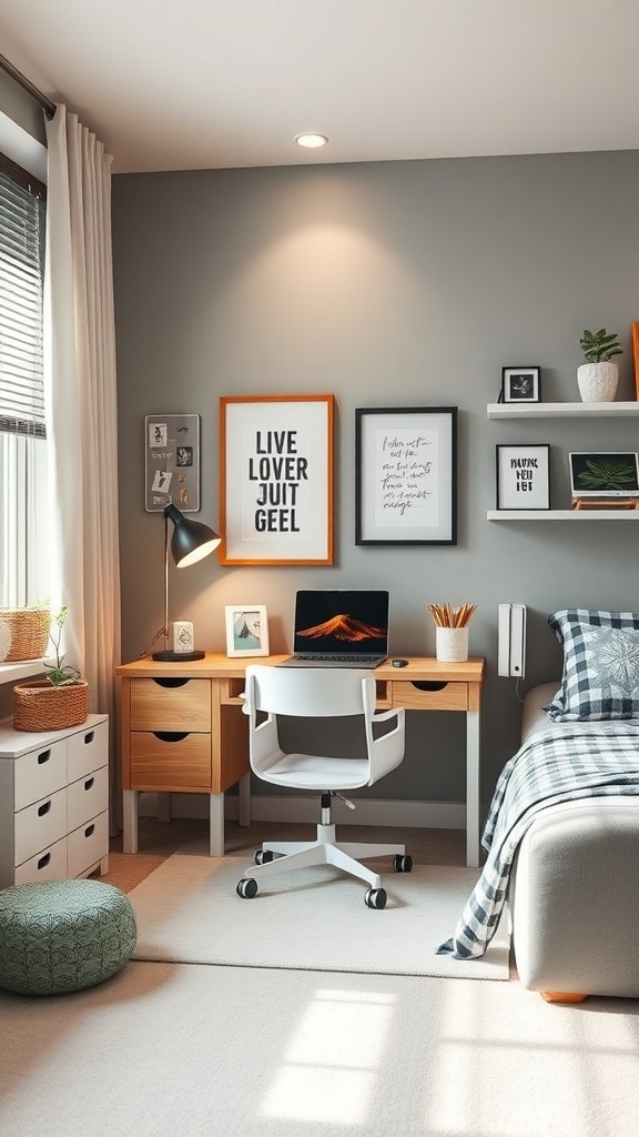 A modern kids bedroom featuring a study area with a desk, chair, laptop, and wall art.