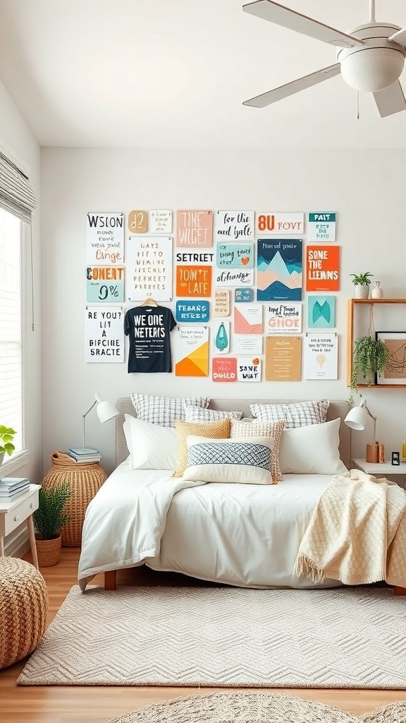A pre-teen bedroom featuring a colorful vision board on the wall with various quotes and designs.