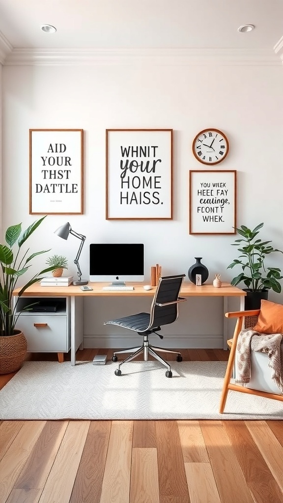A cozy home office with inspiring wall art and decor, featuring three framed prints and a stylish desk.