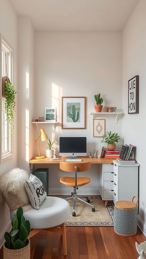 A cozy tiny home office with inspiring wall art and decor, featuring a desk, computer, plants, and comfortable seating.