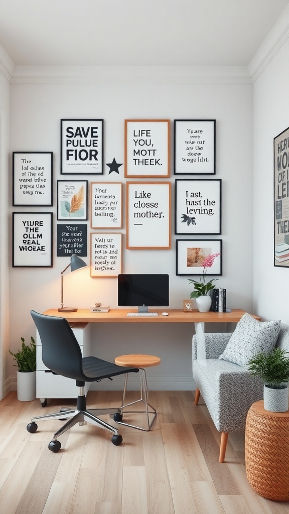 A small office with a wall art display featuring various framed quotes and designs.