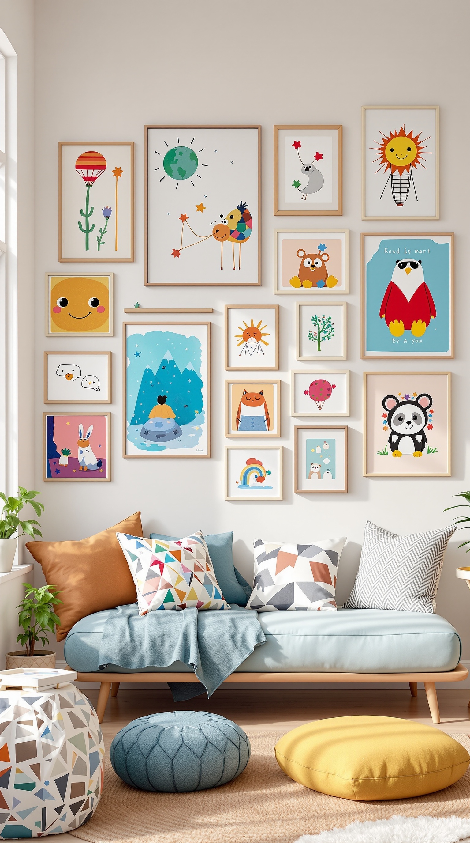 Colorful wall art in a kids room featuring playful animal illustrations and bright designs.