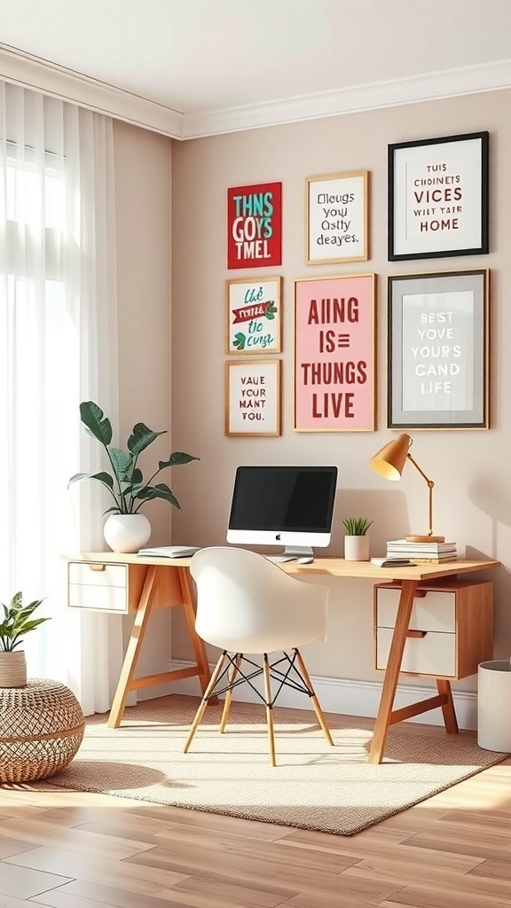 A cozy desk setup featuring a computer, a stylish chair, and a wall adorned with colorful motivational art prints.