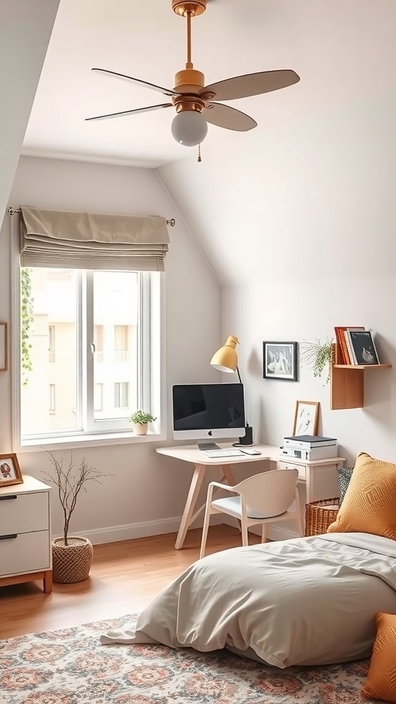 A bright teen loft bedroom featuring a workspace with a desk, computer, and natural light from a large window.