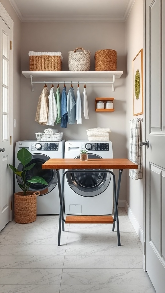 A small laundry room featuring a folding table, washing machines, and organized shelves.