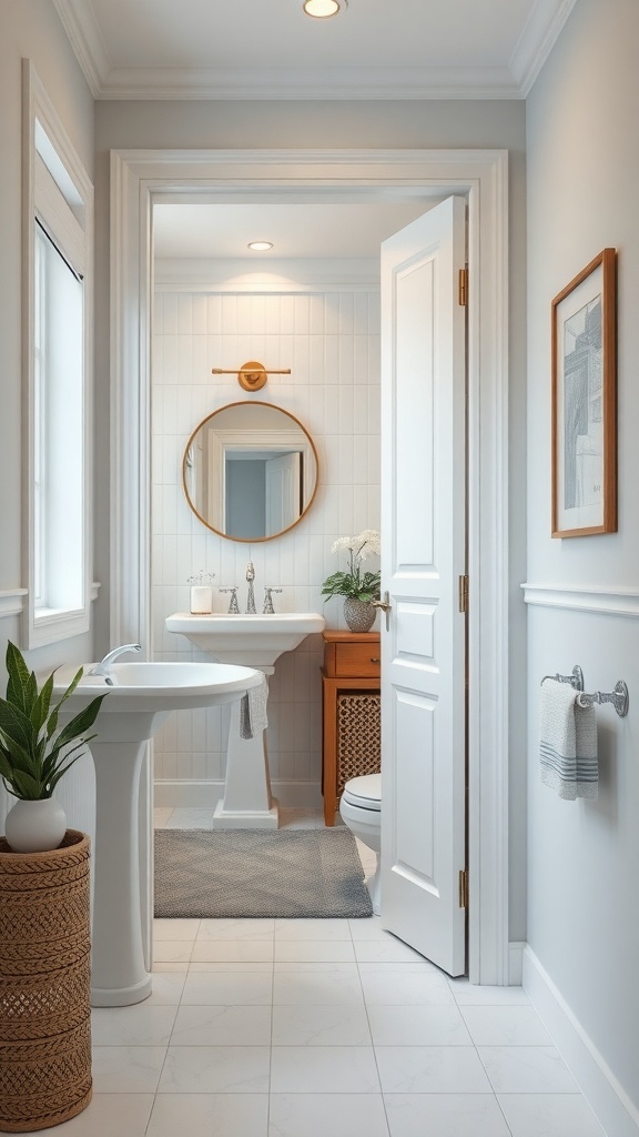 A narrow bathroom featuring a pocket door, modern fixtures, and a stylish design.