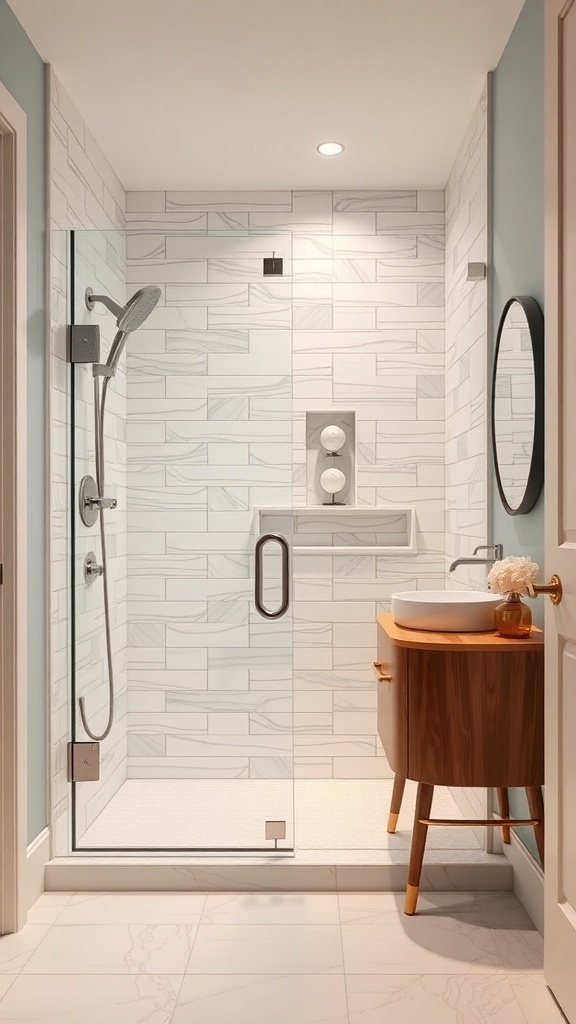 A modern walk-in shower in a small master bathroom with glass enclosure and sleek tile design.