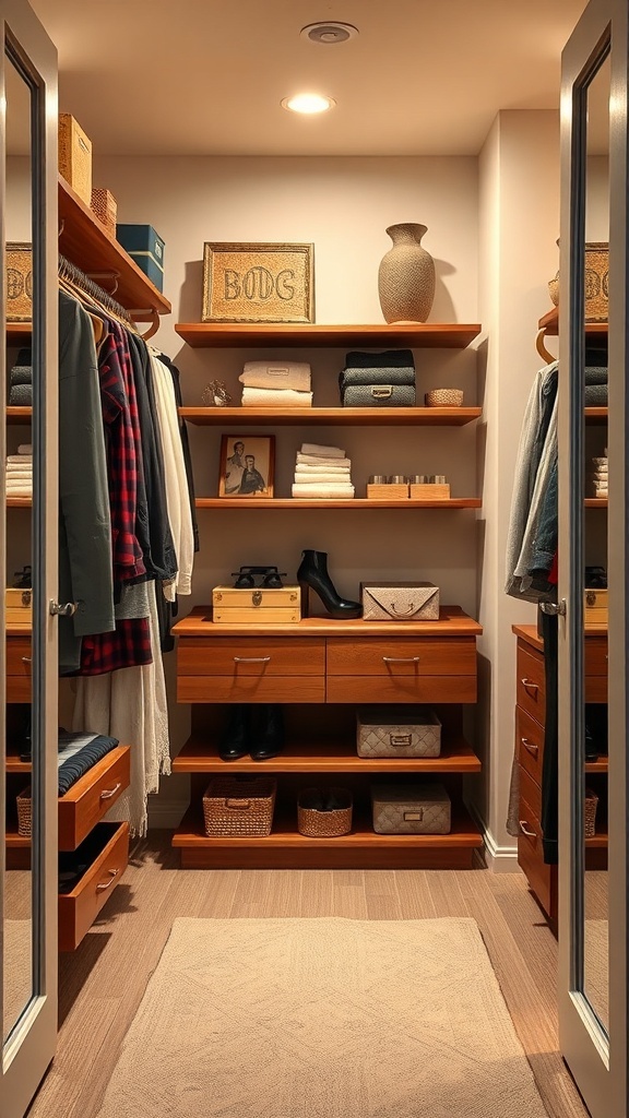 A small walk-in closet featuring adjustable wooden shelving, organized clothing, and decorative storage boxes.
