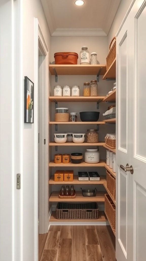 A narrow pantry with adjustable wooden shelves neatly organized with jars, baskets, and containers.